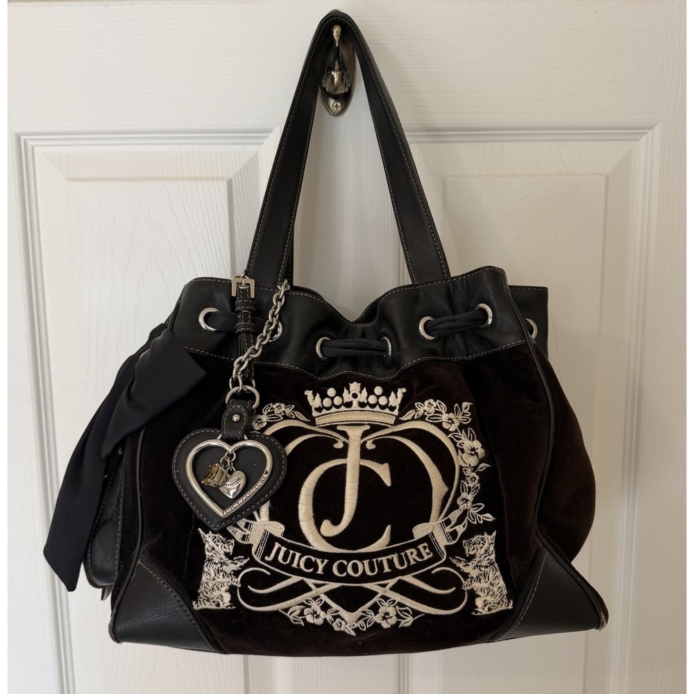 Juicy Couture VTG Y2K Daydreamer Black Leather Brown Velour Heart Pom Bag Mirror